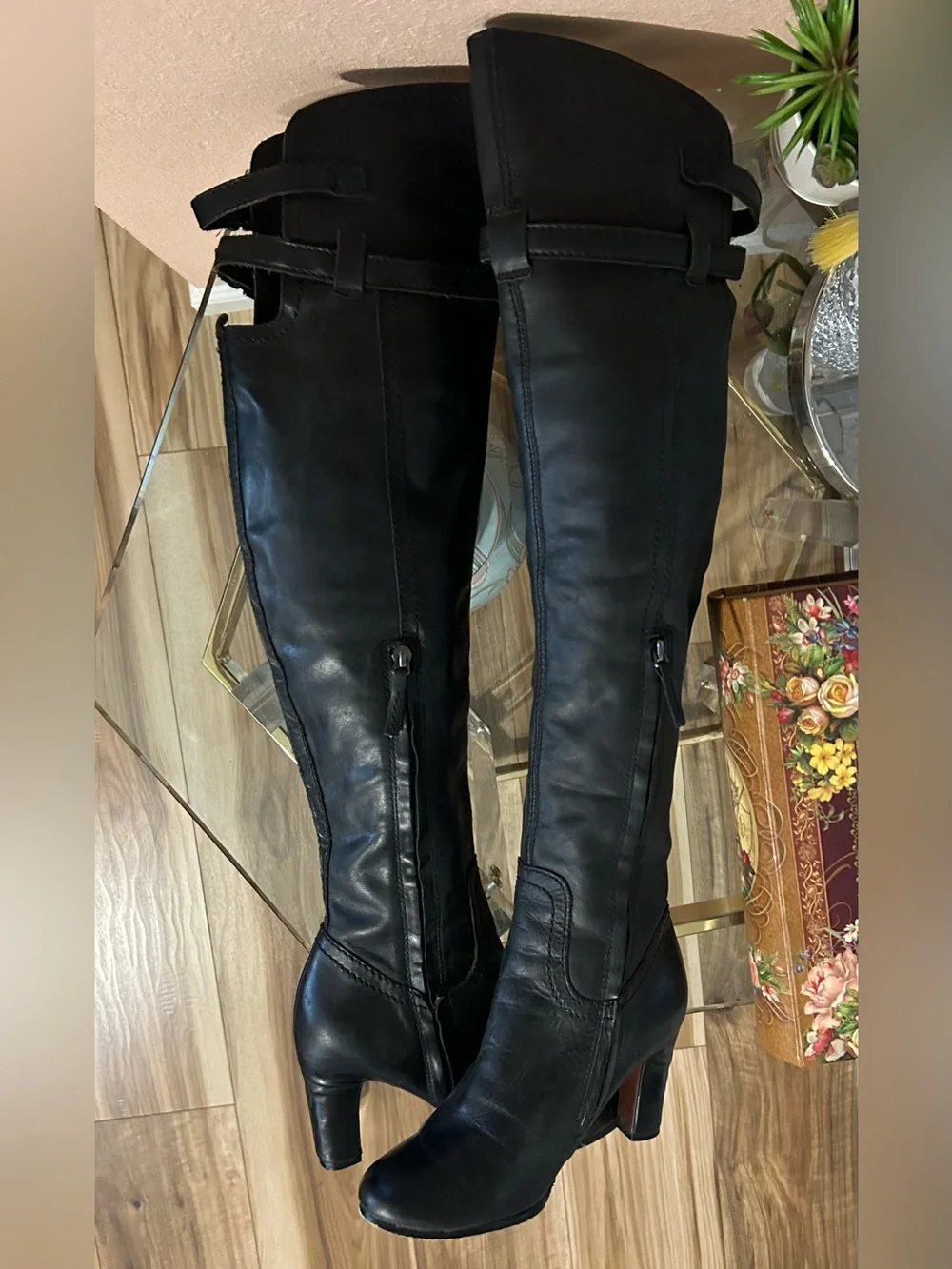 Sam Edelman Black Leather Over-the-Knee Heeled Boots Size 5.5/36
